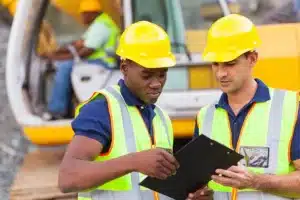 Constructions workers with helmets discussing document